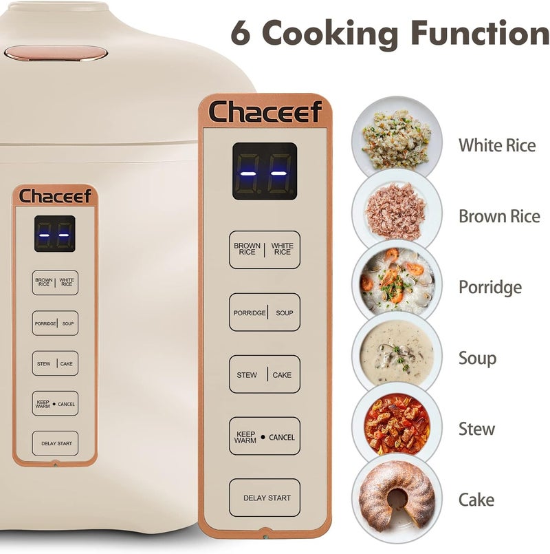 CHACEEF Mini Rice Cooker 2 Cups Uncooked, 1.2L Rice Cooker Small, Portable Non-Stick Small Travel Rice Maker, BPA Free, Smart Control Multifunction Cooker with 24 Hours Timer Delay & Keep Warm Function, Beige - Image 2